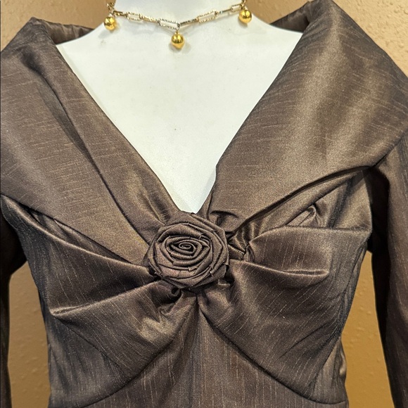 Samuel Dong Bronze Taffeta Rosette Bow Blouse Architectural Collar - Picture 2 of 9